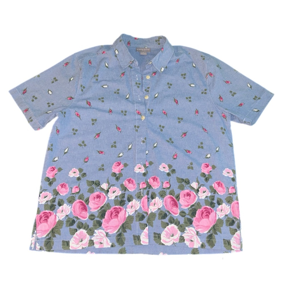 Floral Border Button-Down Shirt - Blue & Pink